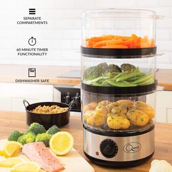 QUEST 400W 3TIER FOOD STEAMER WITH RICE STEAMER, 7.2L CAPACITY AND 0.5L WATER CAPACITY