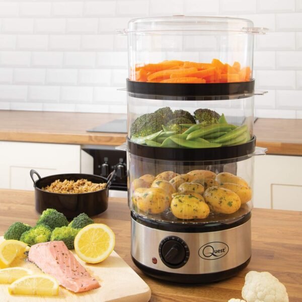 QUEST 400W 3TIER FOOD STEAMER WITH RICE STEAMER, 7.2L CAPACITY AND 0.5L WATER CAPACITY