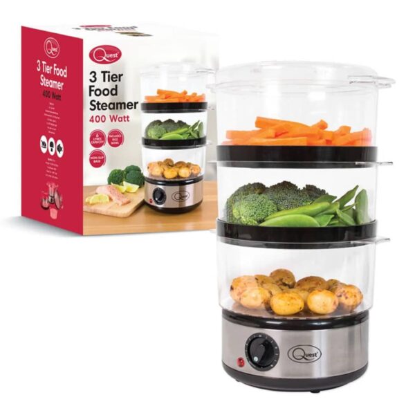 QUEST 400W 3TIER FOOD STEAMER WITH RICE STEAMER, 7.2L CAPACITY AND 0.5L WATER CAPACITY