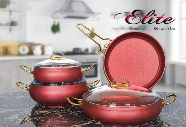 OMS GRANITE NON STICK COOKWARE WITH TEMPERED GLASS LID SET