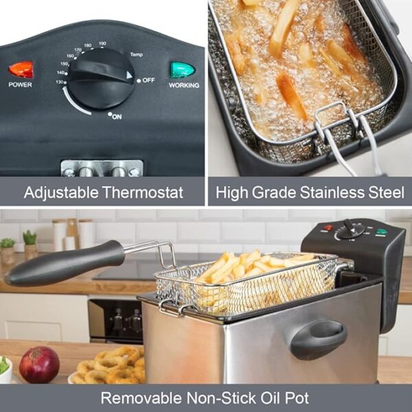 From the brand Explore Quest Appliances We have a huge range of everything you need for your home & kitchen, from kettles & toasters, to air fryers, juicers, blenders & more. Previous page About Quest Quest Appliances is based in Liverpool, UK, and we have a full support and support team based in our Head Office. Customer Support If you have any questions about our products, or if you require instructions for use etc...please don't hesitate to get in touch with our dedicated support team through our Amazon page. Product Safety and Certification. We have a dedicated product testing and quality team who rigorously test all of our products before we sell them. All of our products are certified to British safety and testing standards. Quest Personal Blender & Smoothie Maker | 350 Watt | Includes 2x 600ml Portable Bottles | One Tou... Quest 44909 Cylinder Vacuum Cleaner/Bagless Corded Vacuum / 3-in-1 Attachments / 5 Metre Long Cor... Quest 4 Slice Toaster with Wide Slots / 7 Browning Levels/Reheat & Defrost/Crumb Tray & Cord Stor... Quest 35659 XL Dual Omelette Maker/Two Large Non-Stick Plates/Automatic Temperature Control/Easy ... Shop the Quest range Visit the store Air Fryers Air Fryers are the must have cooking appliance for your kitchen. Quest has a range of styles of Air Fryer to suit every family. Next page Product Description Deep fat fryer, mini deep fat fryer, small deep fat fryer, deep fat fryer 3 litre, deep-fat fryer 3 Litre Capacity Stainless Steel Deep Fat Fryer Enjoy delicious fried chicken, chips, onion rings, and more from the comfort of your home with this Deep Fat Fryer. It features a stainless steel basket and exterior to make cleaning less hassle, with a cover that can be placed during frying to help limit any mess. The fryer's temperature can be adjusted via the dial on top, and also features useful power & ready indicator lights. Deep fat fryer, mini deep fat fryer, small deep fat fryer, deep fat fryer 3 litre, deep-fat fryer Previous page Deep fat fryer, mini deep fat fryer, small deep fat fryer, deep fat fryer 3 litre, deep-fat fryer 3 Litre Oil Capacity The fryer's 3 Litre oil capacity ensures it can safely fry enough food for 2-4 people. Next page 3 Litre Oil Capacity Adjustable Temperature Stainless Steel Basket Removable Basket Carry Handles Product information Technical Details Brand ‎Quest Model Number ‎35140 Colour ‎Silver Product Dimensions ‎46 x 27 x 25 cm; 2.58 kg Capacity ‎3 litres Volume Capacity ‎3 litres Power / Wattage ‎2000 watts Voltage ‎230 Volts Material ‎Stainless Steel Auto Shutoff ‎No Special Features ‎Removable Oil Container Item Weight ‎2.58 kg