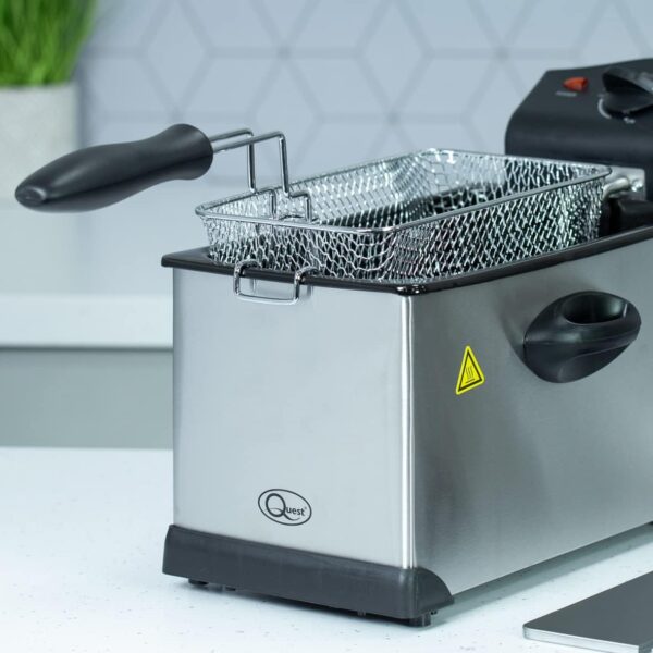 From the brand Explore Quest Appliances We have a huge range of everything you need for your home & kitchen, from kettles & toasters, to air fryers, juicers, blenders & more. Previous page About Quest Quest Appliances is based in Liverpool, UK, and we have a full support and support team based in our Head Office. Customer Support If you have any questions about our products, or if you require instructions for use etc...please don't hesitate to get in touch with our dedicated support team through our Amazon page. Product Safety and Certification. We have a dedicated product testing and quality team who rigorously test all of our products before we sell them. All of our products are certified to British safety and testing standards. Quest Personal Blender & Smoothie Maker | 350 Watt | Includes 2x 600ml Portable Bottles | One Tou... Quest 44909 Cylinder Vacuum Cleaner/Bagless Corded Vacuum / 3-in-1 Attachments / 5 Metre Long Cor... Quest 4 Slice Toaster with Wide Slots / 7 Browning Levels/Reheat & Defrost/Crumb Tray & Cord Stor... Quest 35659 XL Dual Omelette Maker/Two Large Non-Stick Plates/Automatic Temperature Control/Easy ... Shop the Quest range Visit the store Air Fryers Air Fryers are the must have cooking appliance for your kitchen. Quest has a range of styles of Air Fryer to suit every family. Next page Product Description Deep fat fryer, mini deep fat fryer, small deep fat fryer, deep fat fryer 3 litre, deep-fat fryer 3 Litre Capacity Stainless Steel Deep Fat Fryer Enjoy delicious fried chicken, chips, onion rings, and more from the comfort of your home with this Deep Fat Fryer. It features a stainless steel basket and exterior to make cleaning less hassle, with a cover that can be placed during frying to help limit any mess. The fryer's temperature can be adjusted via the dial on top, and also features useful power & ready indicator lights. Deep fat fryer, mini deep fat fryer, small deep fat fryer, deep fat fryer 3 litre, deep-fat fryer Previous page Deep fat fryer, mini deep fat fryer, small deep fat fryer, deep fat fryer 3 litre, deep-fat fryer 3 Litre Oil Capacity The fryer's 3 Litre oil capacity ensures it can safely fry enough food for 2-4 people. Next page 3 Litre Oil Capacity Adjustable Temperature Stainless Steel Basket Removable Basket Carry Handles Product information Technical Details Brand ‎Quest Model Number ‎35140 Colour ‎Silver Product Dimensions ‎46 x 27 x 25 cm; 2.58 kg Capacity ‎3 litres Volume Capacity ‎3 litres Power / Wattage ‎2000 watts Voltage ‎230 Volts Material ‎Stainless Steel Auto Shutoff ‎No Special Features ‎Removable Oil Container Item Weight ‎2.58 kg