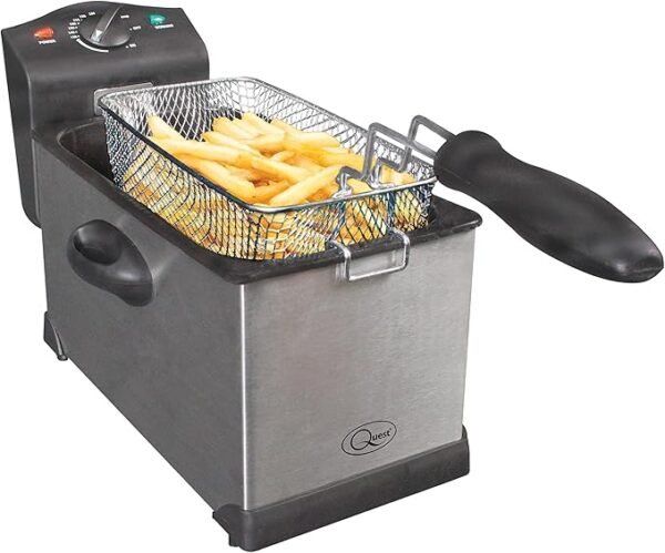 From the brand Explore Quest Appliances We have a huge range of everything you need for your home & kitchen, from kettles & toasters, to air fryers, juicers, blenders & more. Previous page About Quest Quest Appliances is based in Liverpool, UK, and we have a full support and support team based in our Head Office. Customer Support If you have any questions about our products, or if you require instructions for use etc...please don't hesitate to get in touch with our dedicated support team through our Amazon page. Product Safety and Certification. We have a dedicated product testing and quality team who rigorously test all of our products before we sell them. All of our products are certified to British safety and testing standards. Quest Personal Blender & Smoothie Maker | 350 Watt | Includes 2x 600ml Portable Bottles | One Tou... Quest 44909 Cylinder Vacuum Cleaner/Bagless Corded Vacuum / 3-in-1 Attachments / 5 Metre Long Cor... Quest 4 Slice Toaster with Wide Slots / 7 Browning Levels/Reheat & Defrost/Crumb Tray & Cord Stor... Quest 35659 XL Dual Omelette Maker/Two Large Non-Stick Plates/Automatic Temperature Control/Easy ... Shop the Quest range Visit the store Air Fryers Air Fryers are the must have cooking appliance for your kitchen. Quest has a range of styles of Air Fryer to suit every family. Next page Product Description Deep fat fryer, mini deep fat fryer, small deep fat fryer, deep fat fryer 3 litre, deep-fat fryer 3 Litre Capacity Stainless Steel Deep Fat Fryer Enjoy delicious fried chicken, chips, onion rings, and more from the comfort of your home with this Deep Fat Fryer. It features a stainless steel basket and exterior to make cleaning less hassle, with a cover that can be placed during frying to help limit any mess. The fryer's temperature can be adjusted via the dial on top, and also features useful power & ready indicator lights. Deep fat fryer, mini deep fat fryer, small deep fat fryer, deep fat fryer 3 litre, deep-fat fryer Previous page Deep fat fryer, mini deep fat fryer, small deep fat fryer, deep fat fryer 3 litre, deep-fat fryer 3 Litre Oil Capacity The fryer's 3 Litre oil capacity ensures it can safely fry enough food for 2-4 people. Next page 3 Litre Oil Capacity Adjustable Temperature Stainless Steel Basket Removable Basket Carry Handles Product information Technical Details Brand ‎Quest Model Number ‎35140 Colour ‎Silver Product Dimensions ‎46 x 27 x 25 cm; 2.58 kg Capacity ‎3 litres Volume Capacity ‎3 litres Power / Wattage ‎2000 watts Voltage ‎230 Volts Material ‎Stainless Steel Auto Shutoff ‎No Special Features ‎Removable Oil Container Item Weight ‎2.58 kg