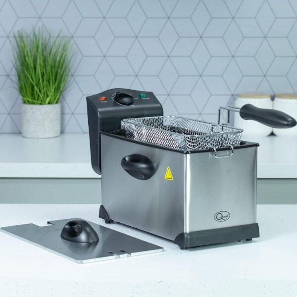 From the brand Explore Quest Appliances We have a huge range of everything you need for your home & kitchen, from kettles & toasters, to air fryers, juicers, blenders & more. Previous page About Quest Quest Appliances is based in Liverpool, UK, and we have a full support and support team based in our Head Office. Customer Support If you have any questions about our products, or if you require instructions for use etc...please don't hesitate to get in touch with our dedicated support team through our Amazon page. Product Safety and Certification. We have a dedicated product testing and quality team who rigorously test all of our products before we sell them. All of our products are certified to British safety and testing standards. Quest Personal Blender & Smoothie Maker | 350 Watt | Includes 2x 600ml Portable Bottles | One Tou... Quest 44909 Cylinder Vacuum Cleaner/Bagless Corded Vacuum / 3-in-1 Attachments / 5 Metre Long Cor... Quest 4 Slice Toaster with Wide Slots / 7 Browning Levels/Reheat & Defrost/Crumb Tray & Cord Stor... Quest 35659 XL Dual Omelette Maker/Two Large Non-Stick Plates/Automatic Temperature Control/Easy ... Shop the Quest range Visit the store Air Fryers Air Fryers are the must have cooking appliance for your kitchen. Quest has a range of styles of Air Fryer to suit every family. Next page Product Description Deep fat fryer, mini deep fat fryer, small deep fat fryer, deep fat fryer 3 litre, deep-fat fryer 3 Litre Capacity Stainless Steel Deep Fat Fryer Enjoy delicious fried chicken, chips, onion rings, and more from the comfort of your home with this Deep Fat Fryer. It features a stainless steel basket and exterior to make cleaning less hassle, with a cover that can be placed during frying to help limit any mess. The fryer's temperature can be adjusted via the dial on top, and also features useful power & ready indicator lights. Deep fat fryer, mini deep fat fryer, small deep fat fryer, deep fat fryer 3 litre, deep-fat fryer Previous page Deep fat fryer, mini deep fat fryer, small deep fat fryer, deep fat fryer 3 litre, deep-fat fryer 3 Litre Oil Capacity The fryer's 3 Litre oil capacity ensures it can safely fry enough food for 2-4 people. Next page 3 Litre Oil Capacity Adjustable Temperature Stainless Steel Basket Removable Basket Carry Handles Product information Technical Details Brand ‎Quest Model Number ‎35140 Colour ‎Silver Product Dimensions ‎46 x 27 x 25 cm; 2.58 kg Capacity ‎3 litres Volume Capacity ‎3 litres Power / Wattage ‎2000 watts Voltage ‎230 Volts Material ‎Stainless Steel Auto Shutoff ‎No Special Features ‎Removable Oil Container Item Weight ‎2.58 kg