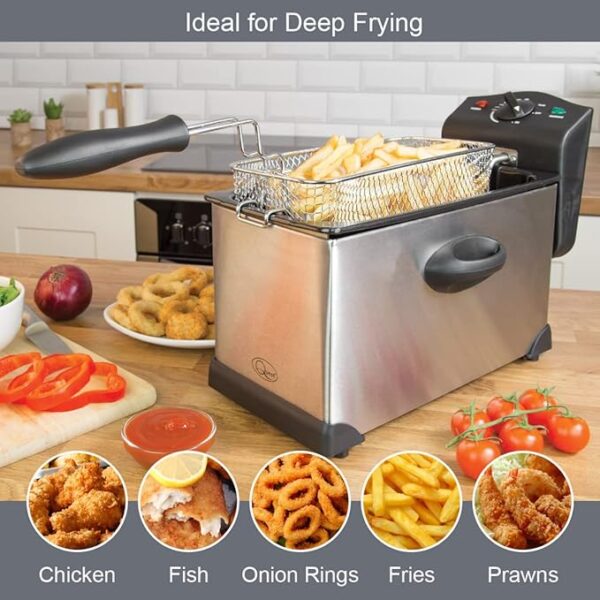 From the brand Explore Quest Appliances We have a huge range of everything you need for your home & kitchen, from kettles & toasters, to air fryers, juicers, blenders & more. Previous page About Quest Quest Appliances is based in Liverpool, UK, and we have a full support and support team based in our Head Office. Customer Support If you have any questions about our products, or if you require instructions for use etc...please don't hesitate to get in touch with our dedicated support team through our Amazon page. Product Safety and Certification. We have a dedicated product testing and quality team who rigorously test all of our products before we sell them. All of our products are certified to British safety and testing standards. Quest Personal Blender & Smoothie Maker | 350 Watt | Includes 2x 600ml Portable Bottles | One Tou... Quest 44909 Cylinder Vacuum Cleaner/Bagless Corded Vacuum / 3-in-1 Attachments / 5 Metre Long Cor... Quest 4 Slice Toaster with Wide Slots / 7 Browning Levels/Reheat & Defrost/Crumb Tray & Cord Stor... Quest 35659 XL Dual Omelette Maker/Two Large Non-Stick Plates/Automatic Temperature Control/Easy ... Shop the Quest range Visit the store Air Fryers Air Fryers are the must have cooking appliance for your kitchen. Quest has a range of styles of Air Fryer to suit every family. Next page Product Description Deep fat fryer, mini deep fat fryer, small deep fat fryer, deep fat fryer 3 litre, deep-fat fryer 3 Litre Capacity Stainless Steel Deep Fat Fryer Enjoy delicious fried chicken, chips, onion rings, and more from the comfort of your home with this Deep Fat Fryer. It features a stainless steel basket and exterior to make cleaning less hassle, with a cover that can be placed during frying to help limit any mess. The fryer's temperature can be adjusted via the dial on top, and also features useful power & ready indicator lights. Deep fat fryer, mini deep fat fryer, small deep fat fryer, deep fat fryer 3 litre, deep-fat fryer Previous page Deep fat fryer, mini deep fat fryer, small deep fat fryer, deep fat fryer 3 litre, deep-fat fryer 3 Litre Oil Capacity The fryer's 3 Litre oil capacity ensures it can safely fry enough food for 2-4 people. Next page 3 Litre Oil Capacity Adjustable Temperature Stainless Steel Basket Removable Basket Carry Handles Product information Technical Details Brand ‎Quest Model Number ‎35140 Colour ‎Silver Product Dimensions ‎46 x 27 x 25 cm; 2.58 kg Capacity ‎3 litres Volume Capacity ‎3 litres Power / Wattage ‎2000 watts Voltage ‎230 Volts Material ‎Stainless Steel Auto Shutoff ‎No Special Features ‎Removable Oil Container Item Weight ‎2.58 kg