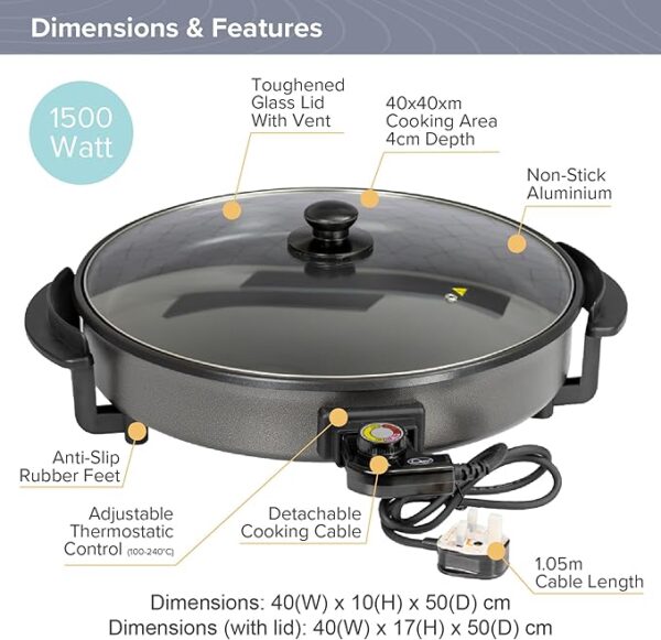 1500W 40CM NON-STICK QUEST MULTIFUNCTION ELECTRIC COOKER WITH GLASS LID WITH STEAM VALVE